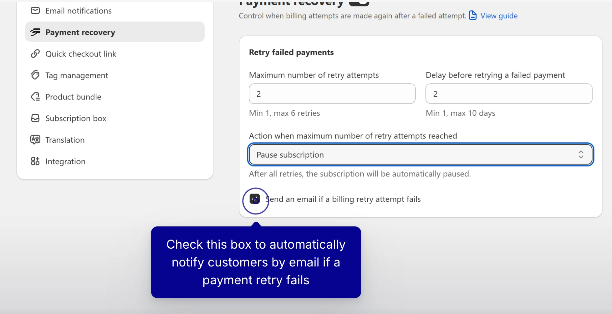 Failed payment recovery and retry settings